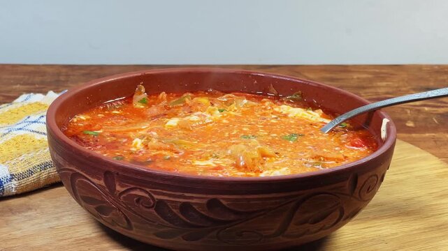 Red borscht seasoned with sour cream in bowl, side view