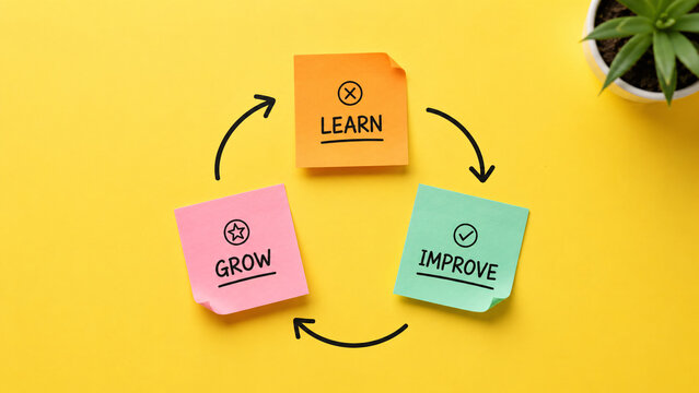 Learn grow improve cycle concept on colorful sticky notes over yellow background