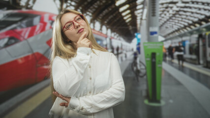 Fototapeta premium Woman with finger on chin beside red train on station platform, pondering travel options; thoughtful reflection.