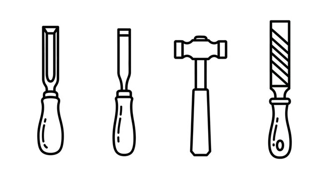 Set of woodworking tools including chisels hammer and file.