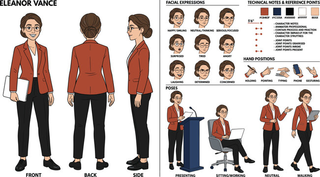 Businesswoman character model sheet vector illustration with facial expressions turnaround poses and technical color palette keys