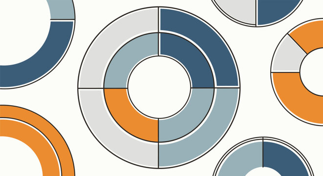 Abstract infographic background template with segmented circle graphs concentric rings and orange blue pie charts