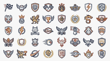 Fototapeta premium Dynamic Collection of 50 Unique and Stylish Heraldic Crest and Emblem Icons in Bold Colors Featuring Eagles Lions Dragons Shields and Symbolic Motifs