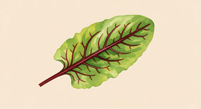 Watercolor of a single green sorrel leaf with red veins