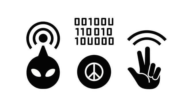 Alien technology peace symbol and binary code icons.