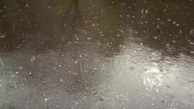 rain drops falling on asphalt, road with wet surface texture