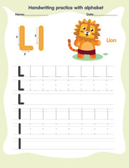 Fototapeta premium Lion Illustration With Letter L Handwriting Practice Sheet Vector Graphic