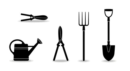 Gardening tools icons set including pruners watering can shears pitchfork and shovel on white background © Pabitra
