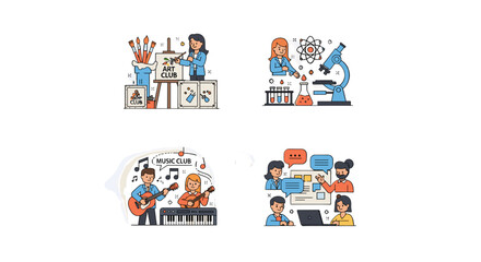 Naklejka premium School student clubs set with art, music, science, and debate activities