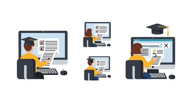 Students wearing graduation caps taking online exams on computers at home