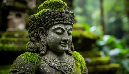 Fototapeta premium Ancient stone relic of a serene Indonesian temple guardian stands amidst lush greenery, showcasing intricate carvings and moss-covered surface.
