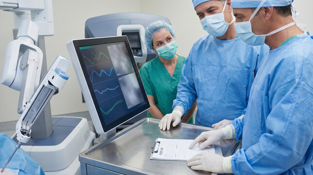 Surgeons debrief robotic procedure beside sterile equipment station