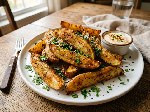A plate of seasoned potato wedges with herbs and a side of dipping sauce on a wooden table with a fork and knife
