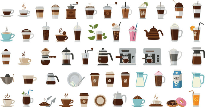 Vector illustration set of various coffee drinks brewing equipment espresso machines cups beans and milk isolated on white background