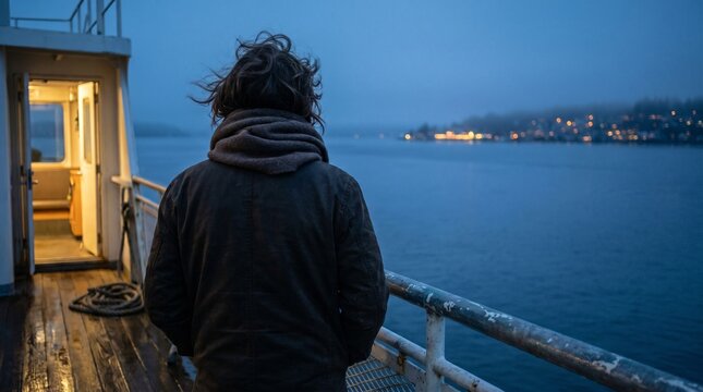 Solo traveler on ferry deck watching shoreline at blue hour crossing