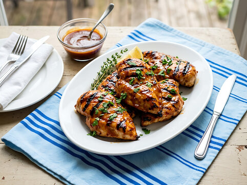 Grilled chicken breasts on a plate with herbs and sauce on a table setting with blue napkin and utensils
