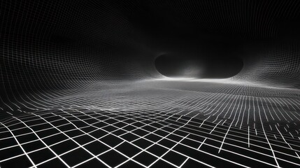 Naklejka premium 3d abstract black and white background. Retrowave retro 80s 90s futuristic grey laser neon grid surface. Wireframe tunnel net in dark space isolated black Disco music template