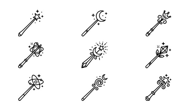 ​Magic Wand Line Icon Vector Set Minimalist Wizard Staff and Wizardry Line Art Templates