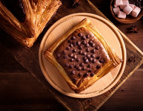 pastel de choco on wooden countertop overhead view