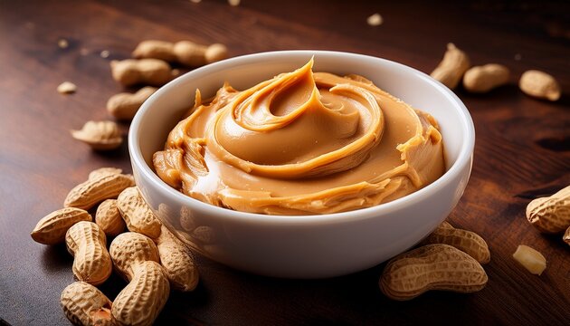 peanut butter in a small bowl on table top background highly detailed close up image