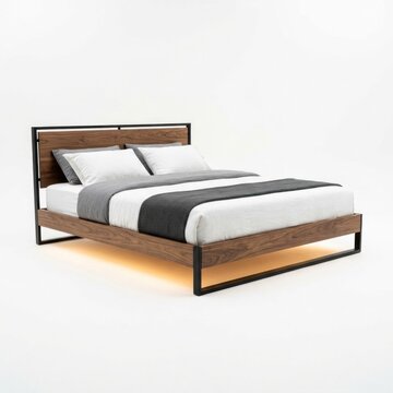 Modern Industrial Style Bed Frame with Builtin LED Lighting.