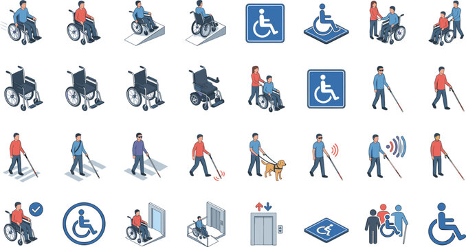 Disability vector accessibility icon set for wheelchair user blind person guide dog isolated on white background