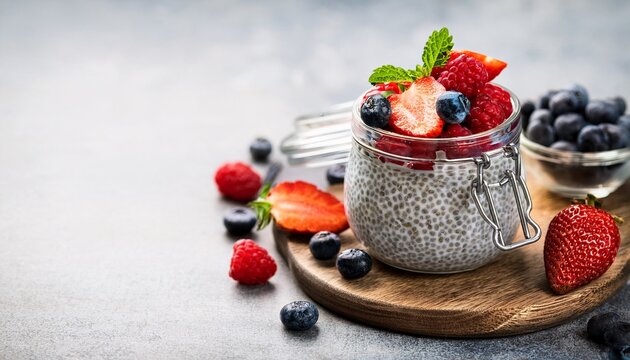 chia pudding with berries in glass jar healthy dessert and breakfast meal with seeds and fresh fruits nutritious superfood composition