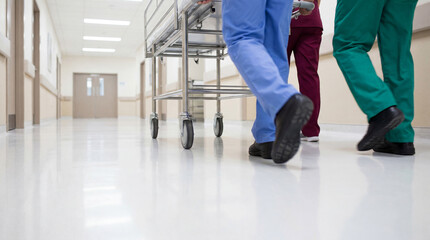 Fototapeta premium Healthcare professionals push a gurney rapidly through a hospital hallway, conveying urgency in medical care and patient transport