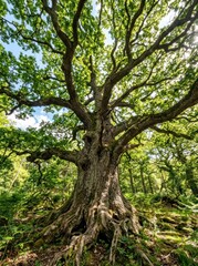 Fototapeta premium Majestic Ancient Oak Tree with Spreading Branches in Lush Green Forest.