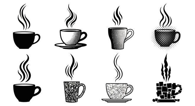 Set of eight creative coffee cup icons with steam in various artistic styles including halftone dots mosaic patterns and geometric lines on white