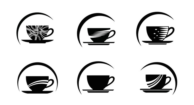 Abstract coffee cup logo set featuring circular swoosh elements and decorative patterns inside mug silhouettes for modern cafe branding and identity