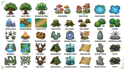 Fototapeta premium Fantasy forest game asset collection with trees, magical objects, ruins, and environment elements in vector illustration style