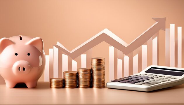 financial planning objects piggy bank graph and calculator on cream colour background