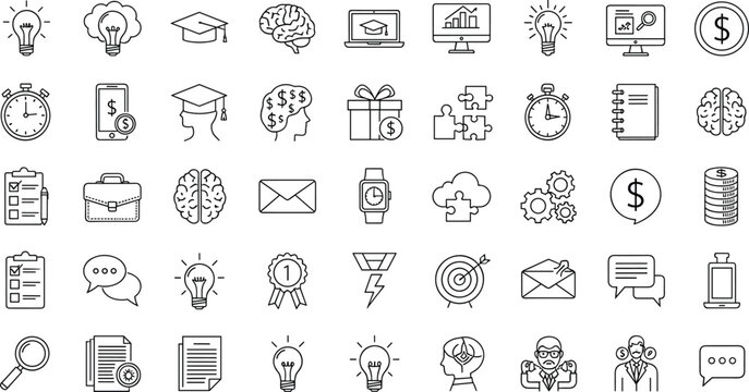 Black and white line collection of diverse and symbols line symbols lightbulb brain gear desi