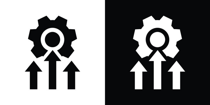 Growth and optimization icon featuring gear with rising arrows, symbolizing operational efficiency, business progress, and technical synergy. Available in black and white versions.