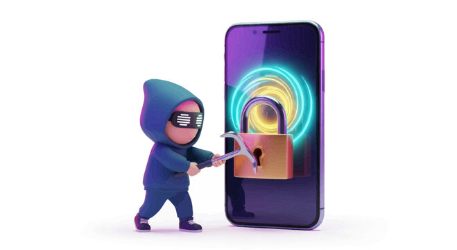 Hacked iphone vector depicting a cyber criminal and locked screen