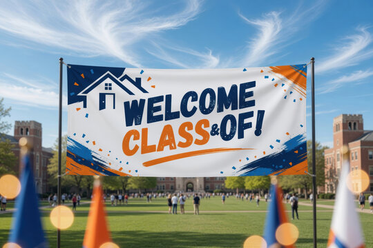 Welcome college campus banner class orientation university student outdoor celebration welcome college campus banner class orientation university student outdoor celebration with festive confetti