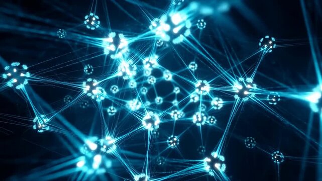 Glowing cyan blue network of interconnected luminous nodes and filaments in detailed macro view against deep navy backdrop with layered triangular lattice and radiant depth