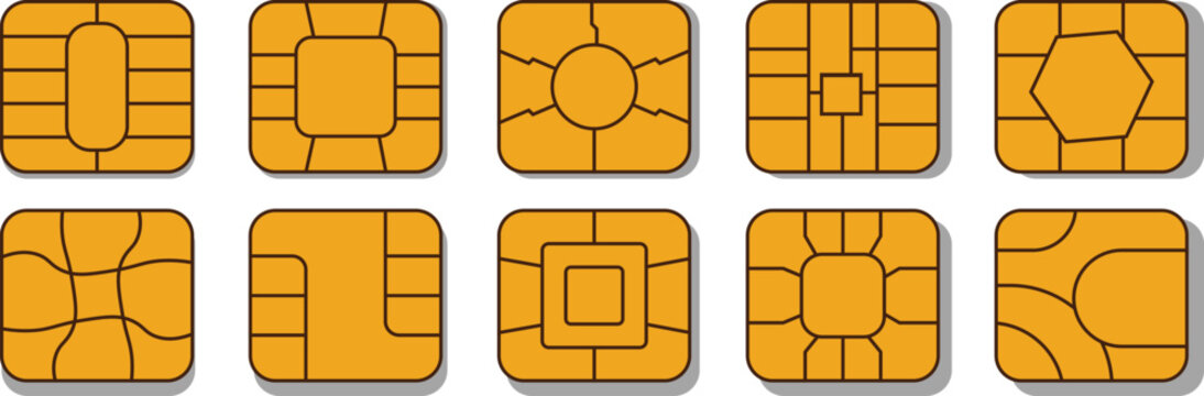 A collection of golden smart cards with integrated circuits and varying chip layouts is displayed high quality professional detailed modern elegant