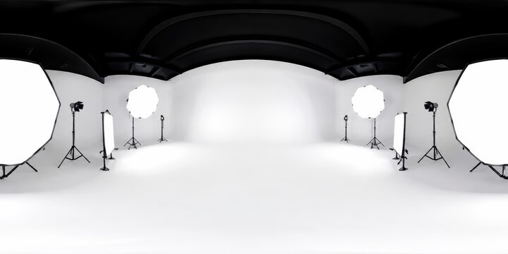Black and white futuristic studio with high contrast lighting. Concept for luxury product reveal, virtual production set, immersive gallery and 360 HDRI background.
