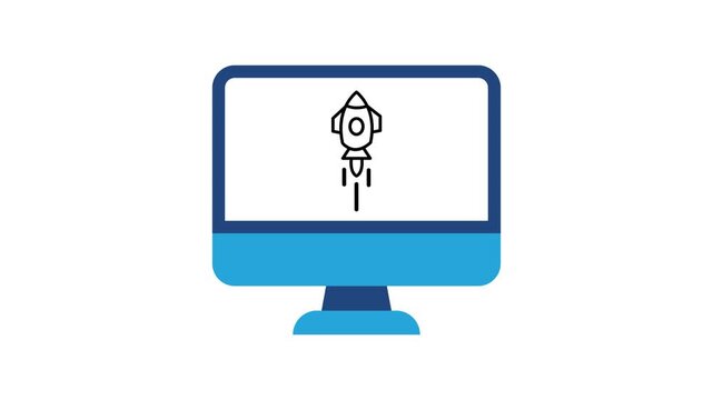 Computer screen rocket launch animation isolated on white background