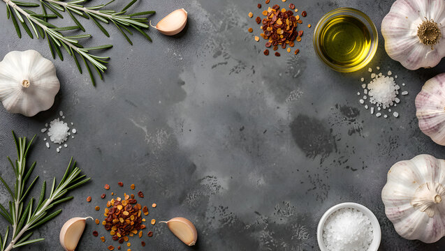 Mediterranean Herbs and Spices on Dark Rustic Background with Copy Space