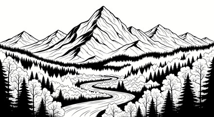 Black and White Mountain Landscape with Winding River and Forest © Pak