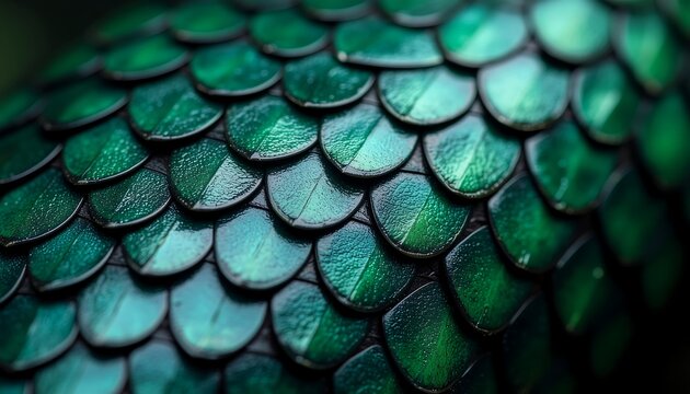 Close-up of ancient Javanese dragon scale with emerald reflections