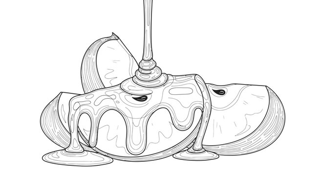Black and White Line Art of Honey Drizzled Over Fresh Apple Slices
