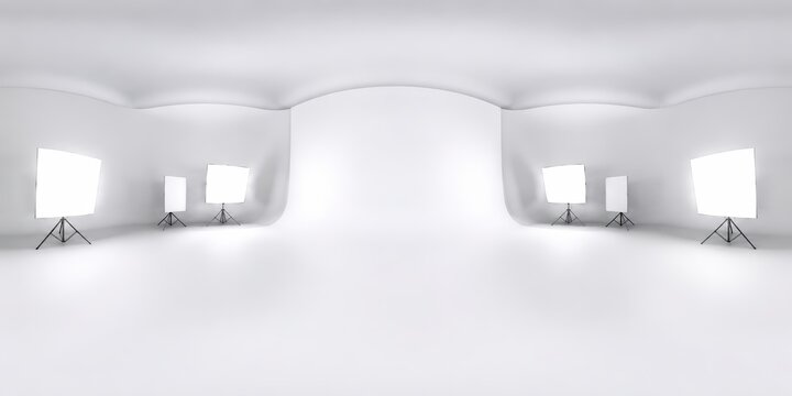 Bright white futuristic stage with side wall lights. Concept for clean studio backdrop, VR environment, product launch presentation and digital showroom.
