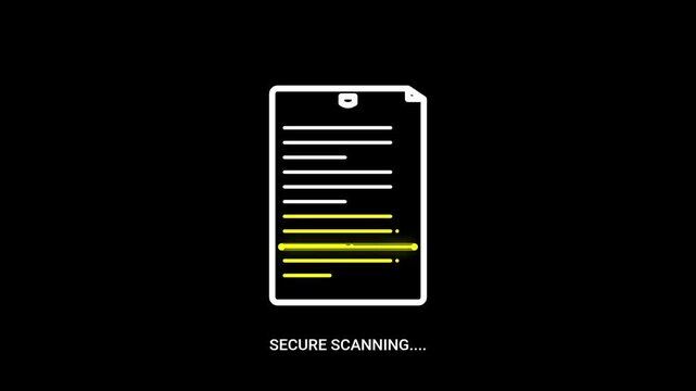 Digital document authentication process with animated scanning on dark background