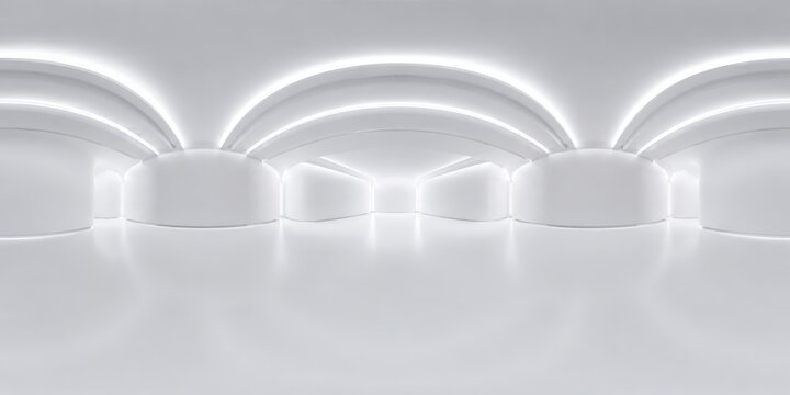 White layered futuristic hall with glowing arch ceiling. Concept for product showcase, virtual exhibition design, clean technology branding and 360 VR background.
