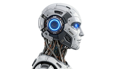 Robotic head with exposed circuitry and glowing blue elements on transparent background robot android cyborg © ATIQULISLAM