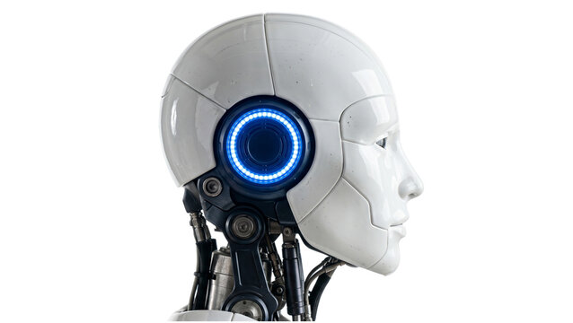Robot head with illuminated blue eyes and metallic neck on transparent background android cyborg artificial